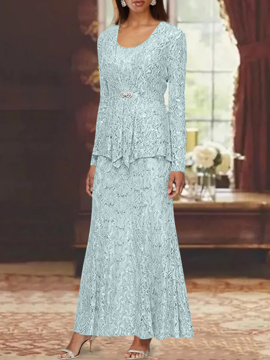 A-Line/Princess 2 Pieces Scoop Lace Mother of the Bride Dresses with Jacket Long Sleeves Ankle-Length Sky Blue A-Line/Princess 2 Pieces Scoop Lace Mother of the Bride Dresses with Jacket Long Sleeves Ankle-Length Sky Blue