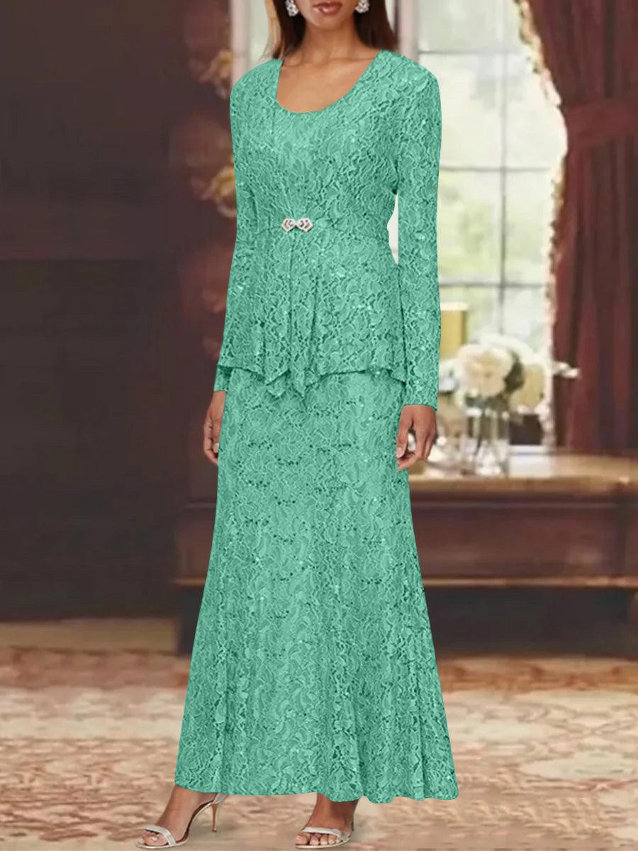 A-Line/Princess 2 Pieces Scoop Lace Mother of the Bride Dresses with Jacket Long Sleeves Ankle-Length Spa A-Line/Princess 2 Pieces Scoop Lace Mother of the Bride Dresses with Jacket Long Sleeves Ankle-Length Spa