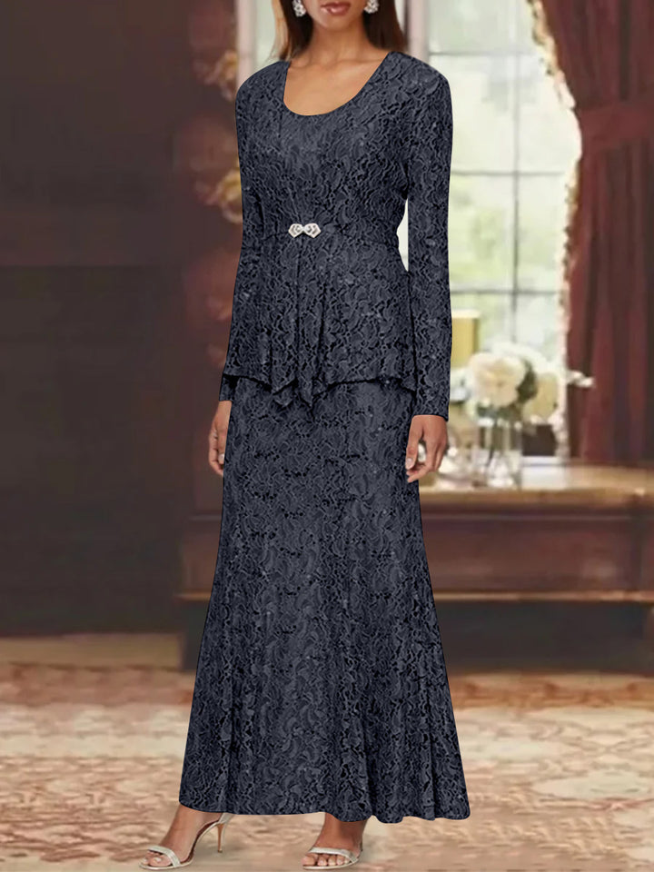 A-Line/Princess 2 Pieces Scoop Lace Mother of the Bride Dresses with Jacket Long Sleeves Ankle-Length