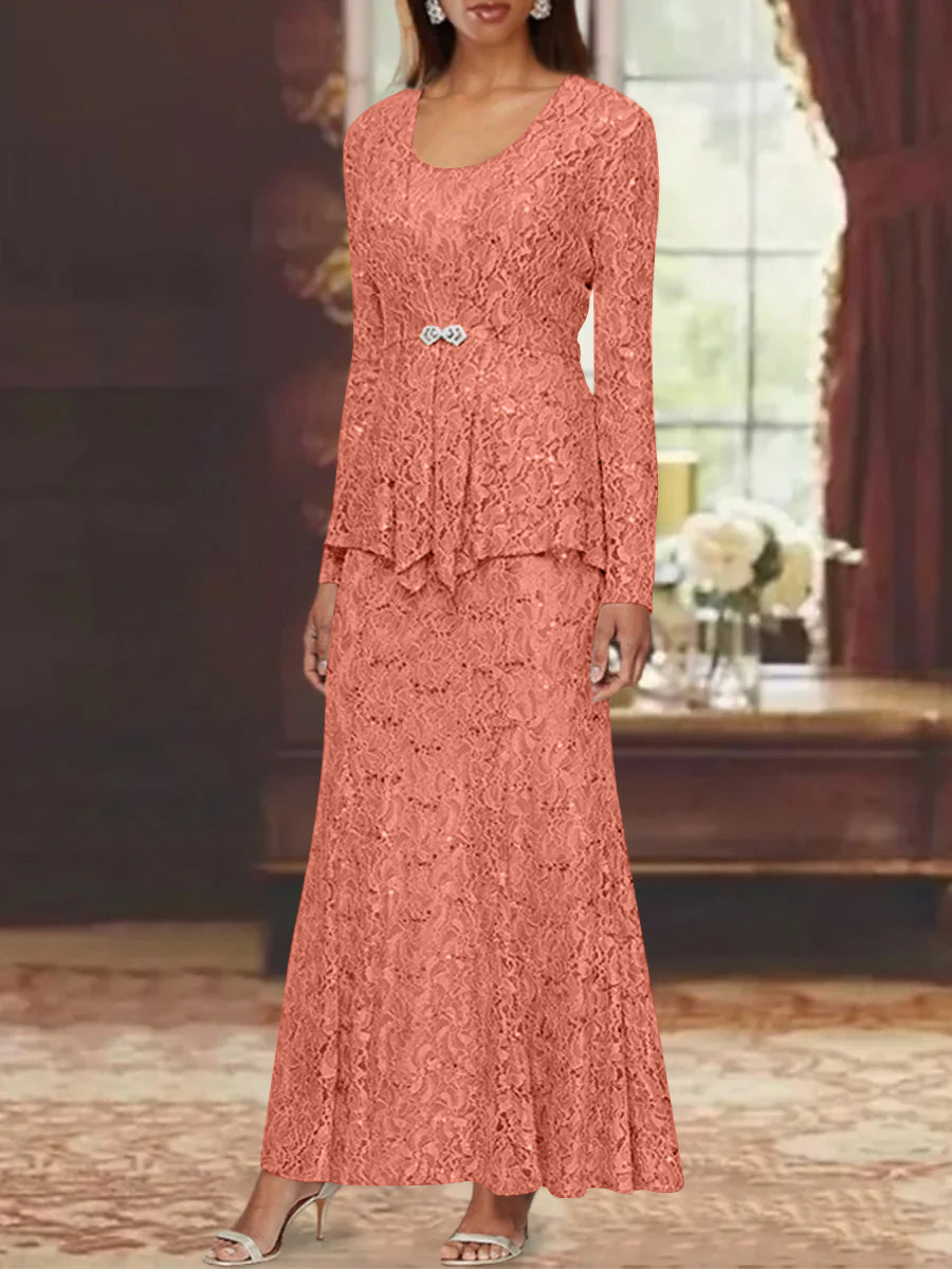 A-Line/Princess 2 Pieces Scoop Lace Mother of the Bride Dresses with Jacket Long Sleeves Ankle-Length Watermelon A-Line/Princess 2 Pieces Scoop Lace Mother of the Bride Dresses with Jacket Long Sleeves Ankle-Length Watermelon