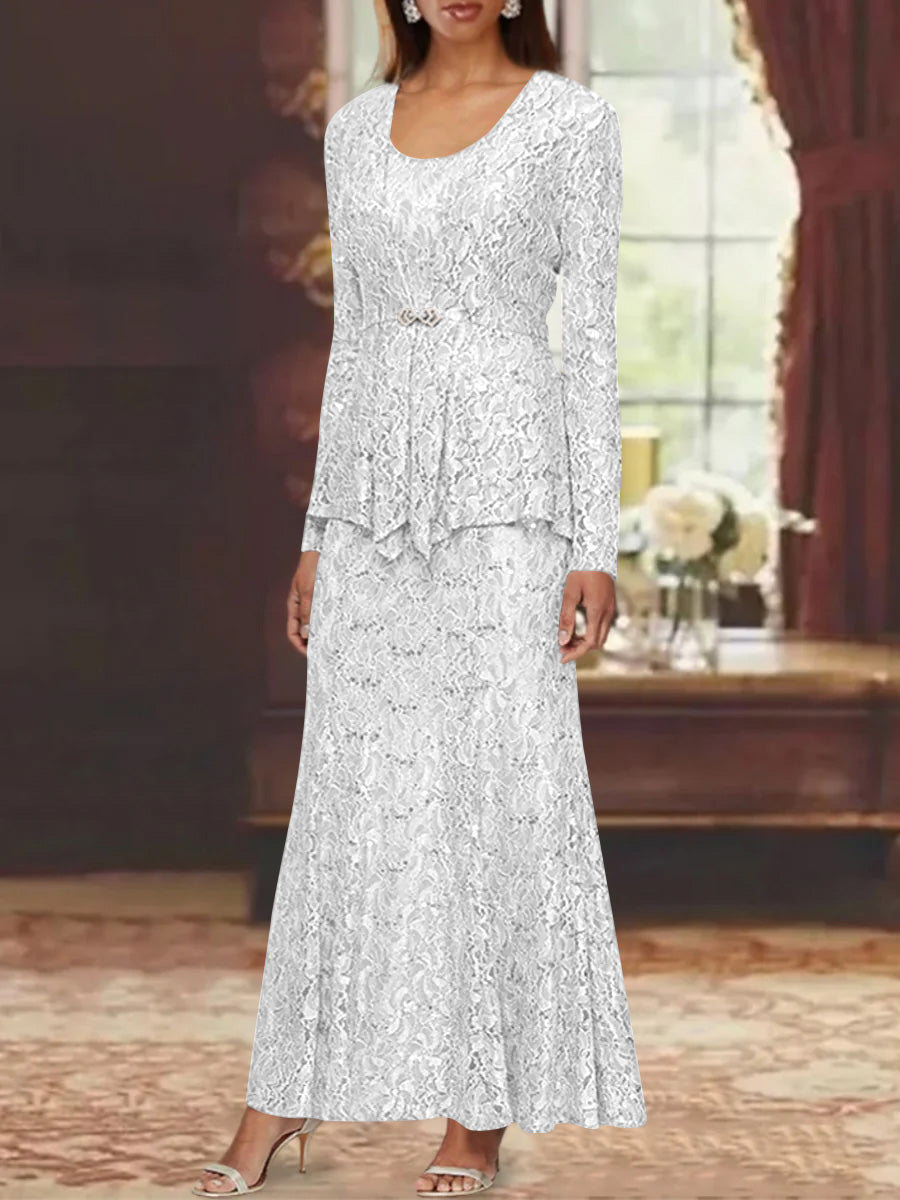 A-Line/Princess 2 Pieces Scoop Lace Mother of the Bride Dresses with Jacket Long Sleeves Ankle-Length White A-Line/Princess 2 Pieces Scoop Lace Mother of the Bride Dresses with Jacket Long Sleeves Ankle-Length White
