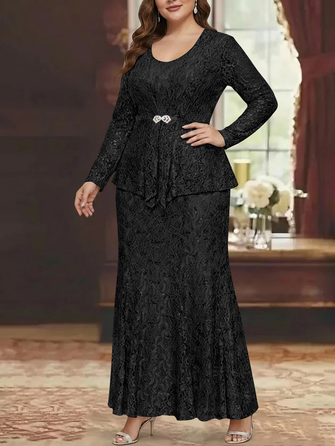 A-Line/Princess 2 Pieces Scoop Lace Plus Size Mother of the Bride Dresses with Jacket Long Sleeves Ankle-Length