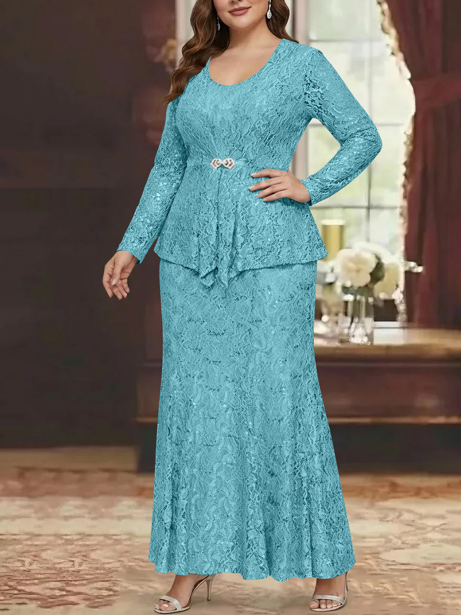 A-Line/Princess 2 Pieces Scoop Lace Plus Size Mother of the Bride Dresses with Jacket Long Sleeves Ankle-Length
