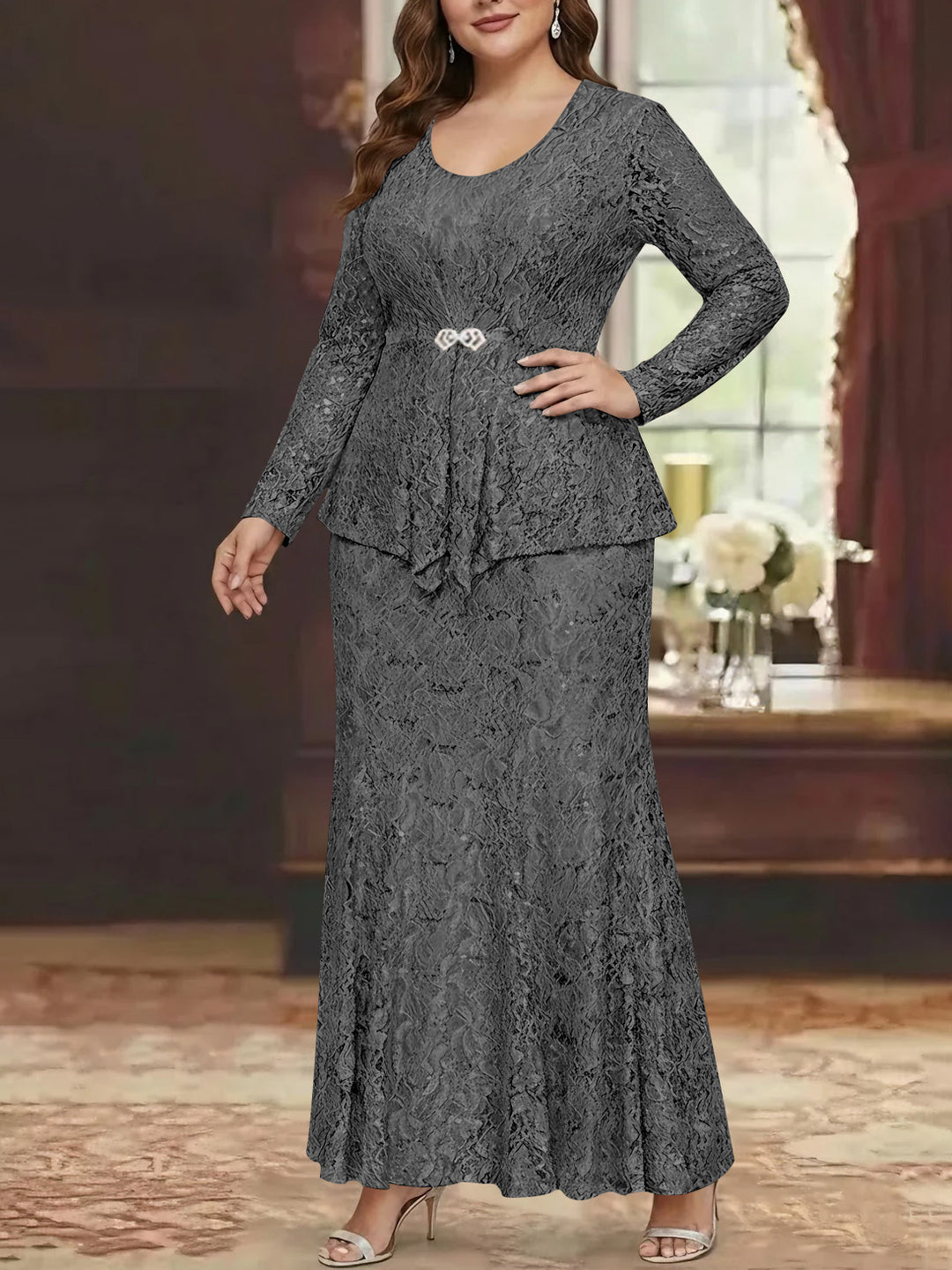 A-Line/Princess 2 Pieces Scoop Lace Plus Size Mother of the Bride Dresses with Jacket Long Sleeves Ankle-Length