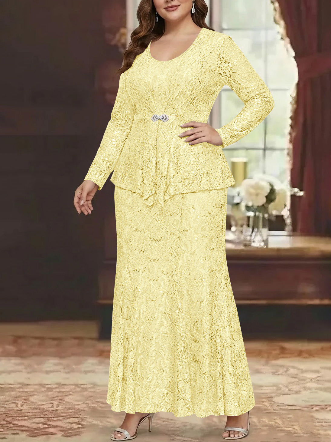 A-Line/Princess 2 Pieces Scoop Lace Plus Size Mother of the Bride