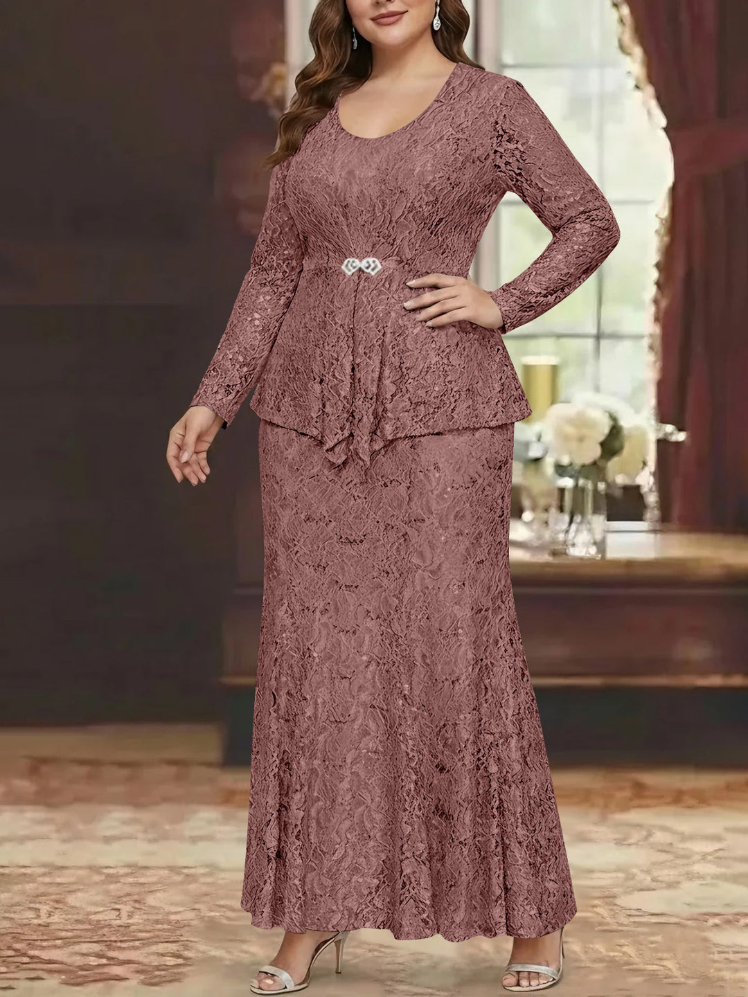 A-Line/Princess 2 Pieces Scoop Lace Plus Size Mother of the Bride Dresses with Jacket Long Sleeves Ankle-Length