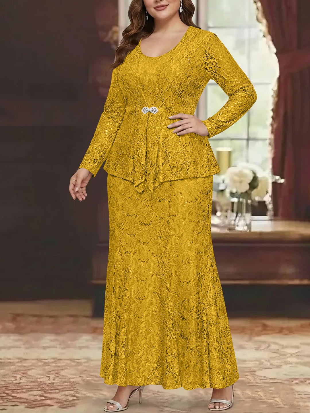 plus size yellow lace dress Reflora Pale Yellow Plus Size Dresses Wedding Guest Party Semi Formal Square Neck Lace Patchwork Puff Sleeve Flounce Hem High Waist Elegant,4XL