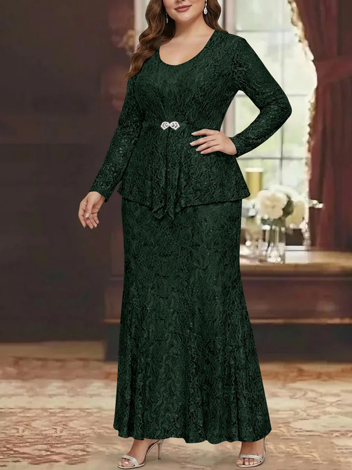 A-Line/Princess 2 Pieces Scoop Lace Plus Size Mother of the Bride Dresses with Jacket Long Sleeves Ankle-Length