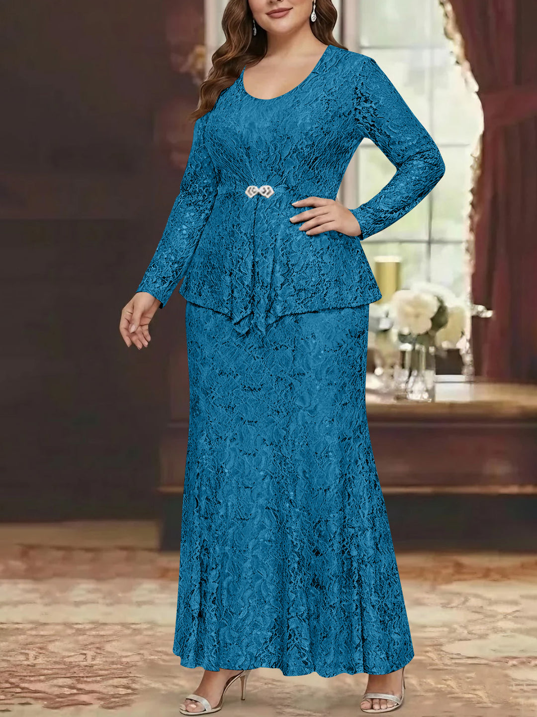 A-Line/Princess 2 Pieces Scoop Lace Plus Size Mother of the Bride Dresses with Jacket Long Sleeves Ankle-Length Jade