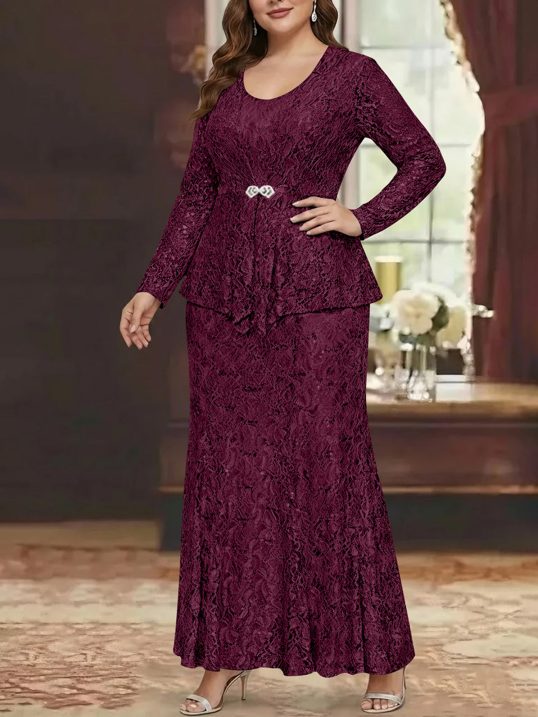 A-Line/Princess 2 Pieces Scoop Lace Plus Size Mother of the Bride Dresses with Jacket Long Sleeves Ankle-Length