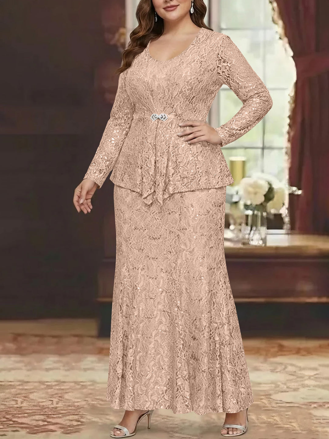 A-Line/Princess 2 Pieces Scoop Lace Plus Size Mother of the Bride Dresses with Jacket Long Sleeves Ankle-Length