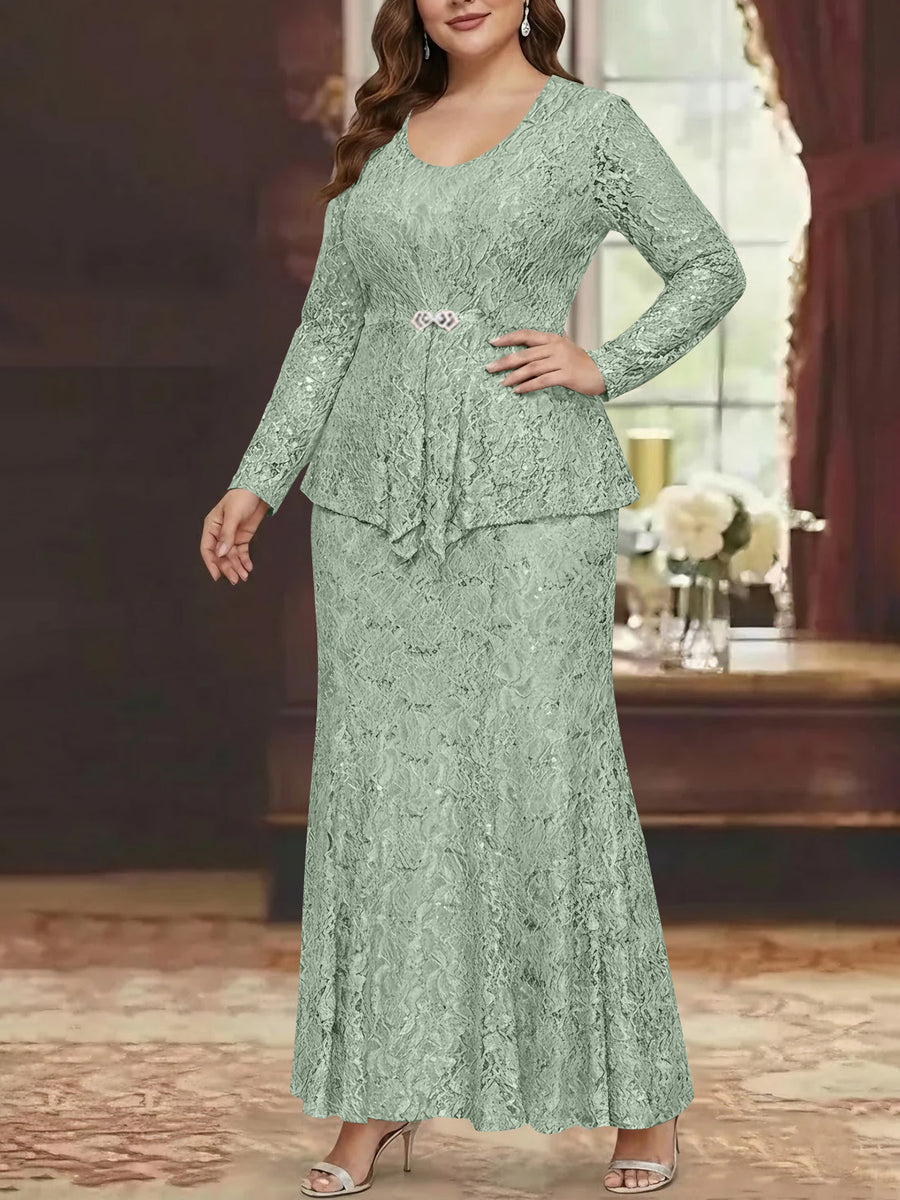 A-Line/Princess 2 Pieces Scoop Lace Plus Size Mother of the Bride Dresses with Jacket Long Sleeves Ankle-Length