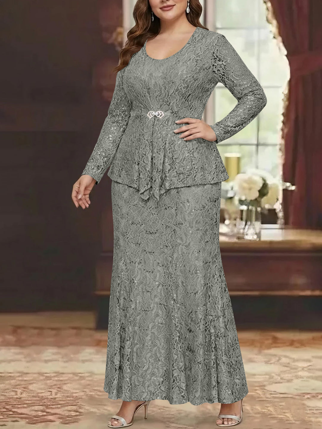 grey long sleeve lace dress Dark Grey Long Sleeves Lace Applique A-line Prom Dress, Grey Long Formal Dresses