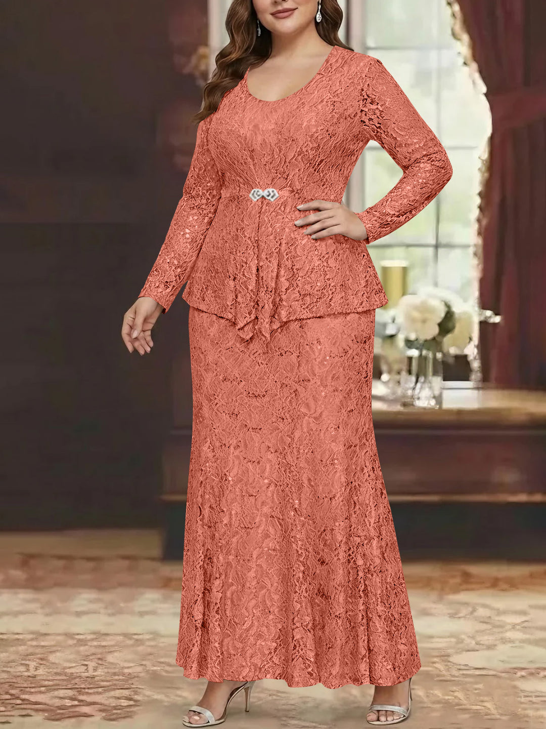 A-Line/Princess 2 Pieces Scoop Lace Plus Size Mother of the Bride Dresses with Jacket Long Sleeves Ankle-Length Watermelon