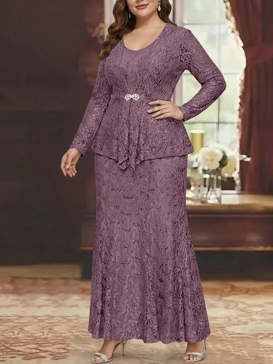 A-Line/Princess 2 Pieces Scoop Lace Plus Size Mother of the Bride Dresses with Jacket Long Sleeves Ankle-Length