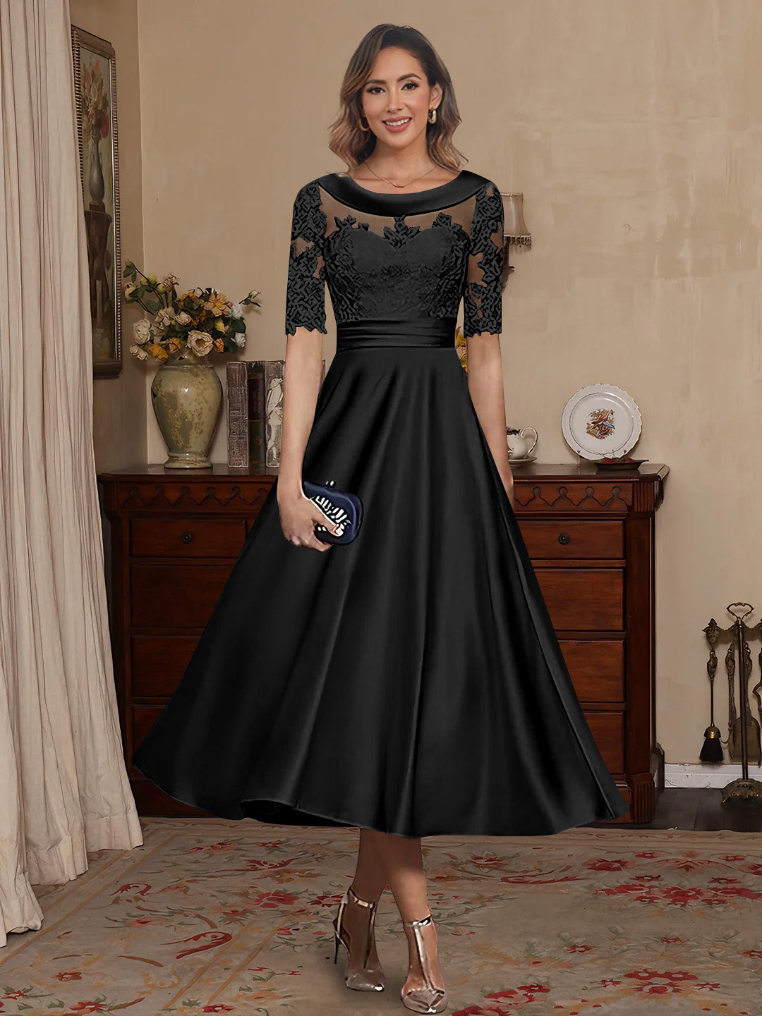 A-Line/Princess Scoop Satin Mother of the Bride Dresses Lace Half Sleeves Tea-Length