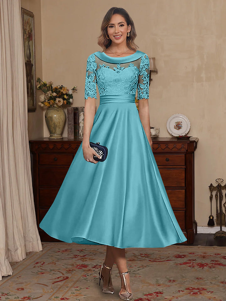 A-Line/Princess Scoop Satin Mother of the Bride Dresses Lace Half Sleeves Tea-Length
