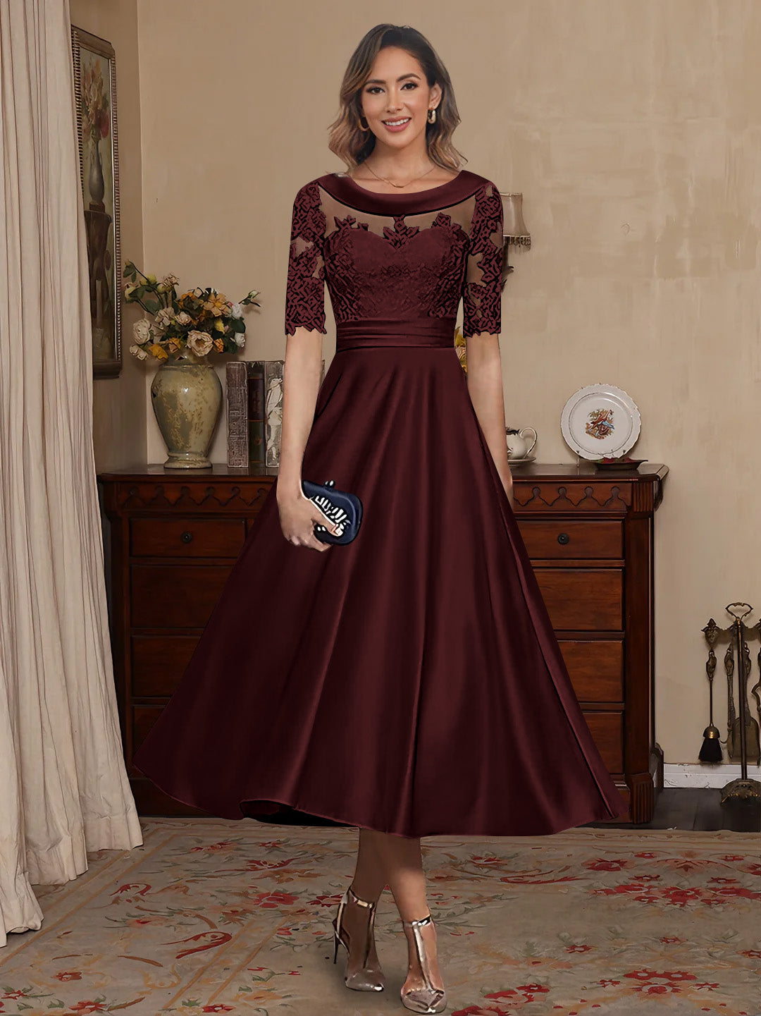 A-Line/Princess Scoop Satin Mother of the Bride Dresses Lace Half Sleeves Tea-Length