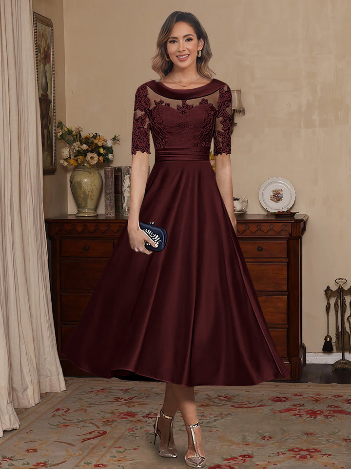 A-Line/Princess Scoop Satin Mother of the Bride Dresses Lace Half Sleeves Tea-Length