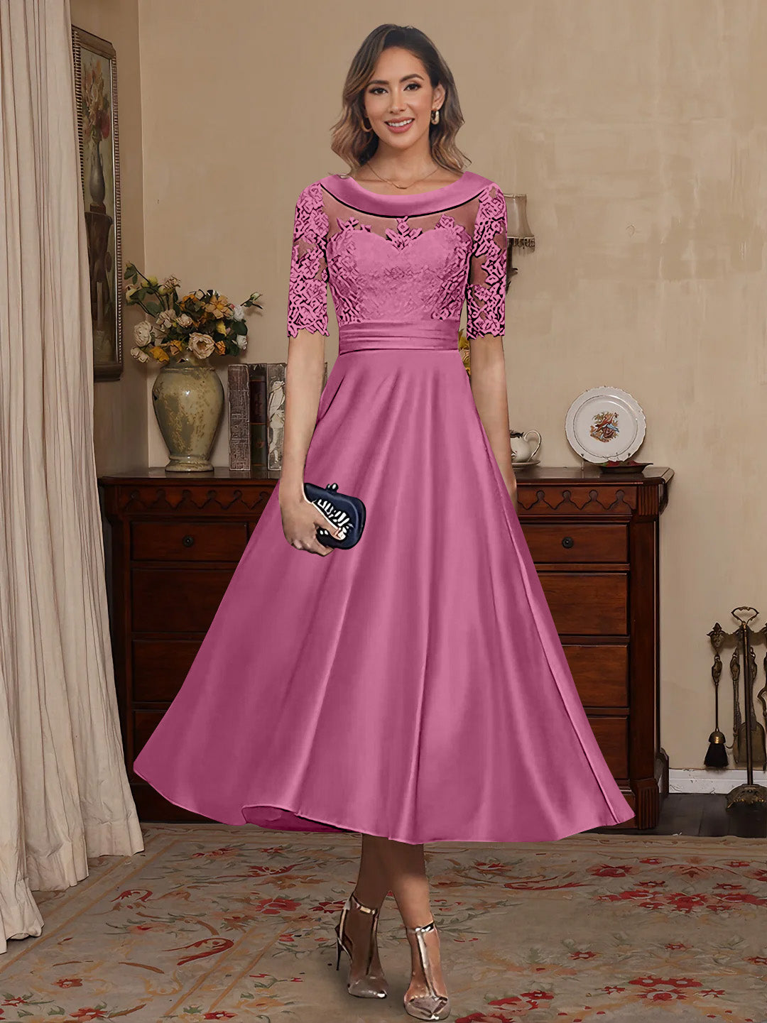 A-Line/Princess Scoop Satin Mother of the Bride Dresses Lace Half Sleeves Tea-Length