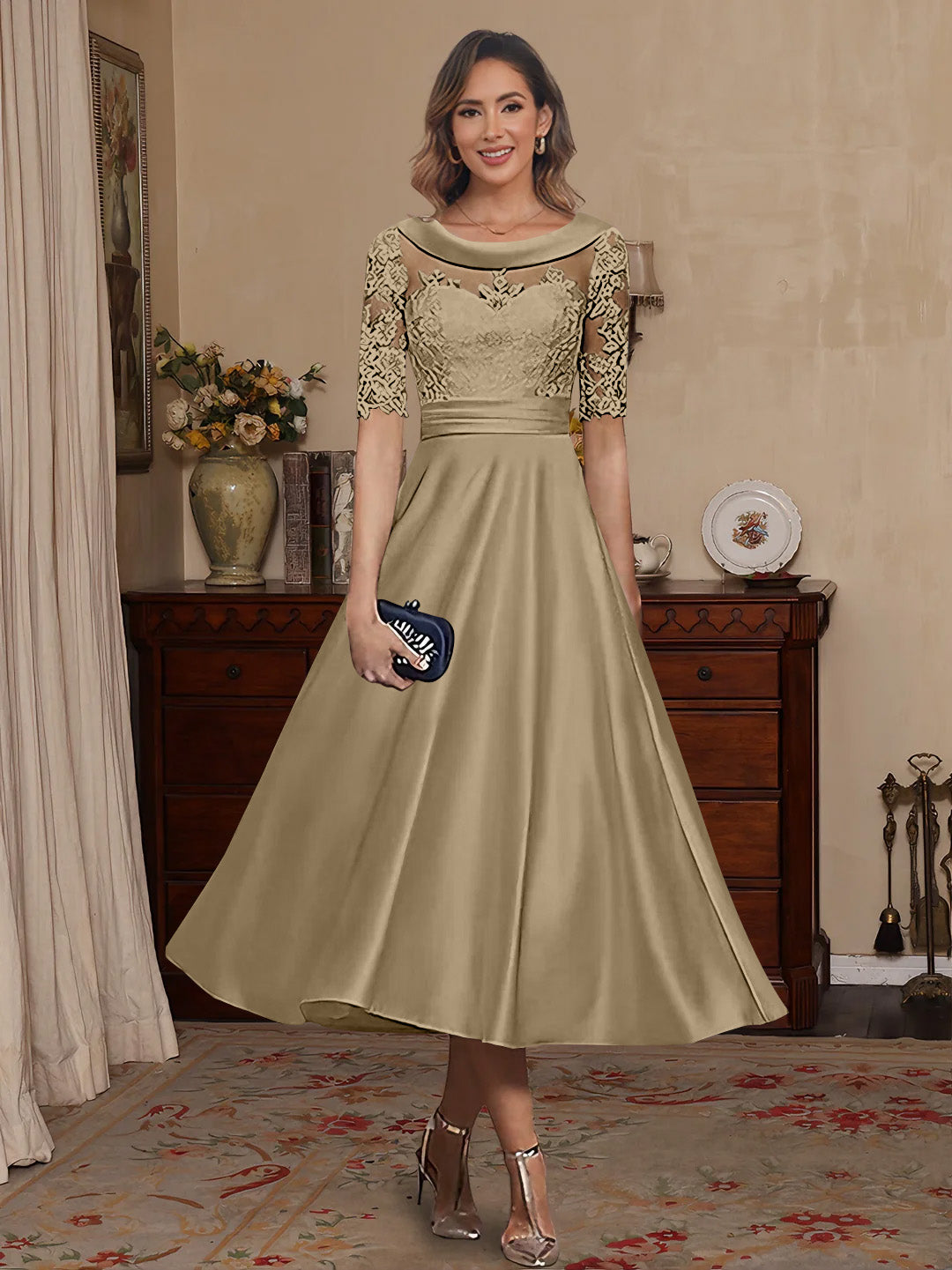 A-Line/Princess Scoop Satin Mother of the Bride Dresses Lace Half Sleeves Tea-Length