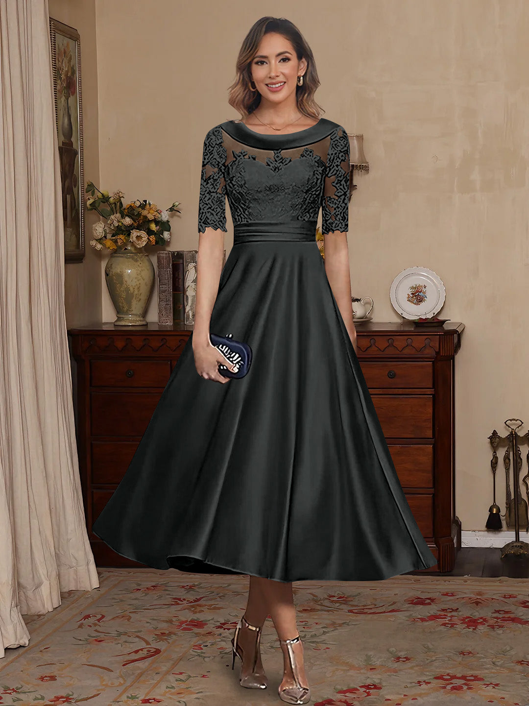 A-Line/Princess Scoop Satin Mother of the Bride Dresses Lace Half Sleeves Tea-Length