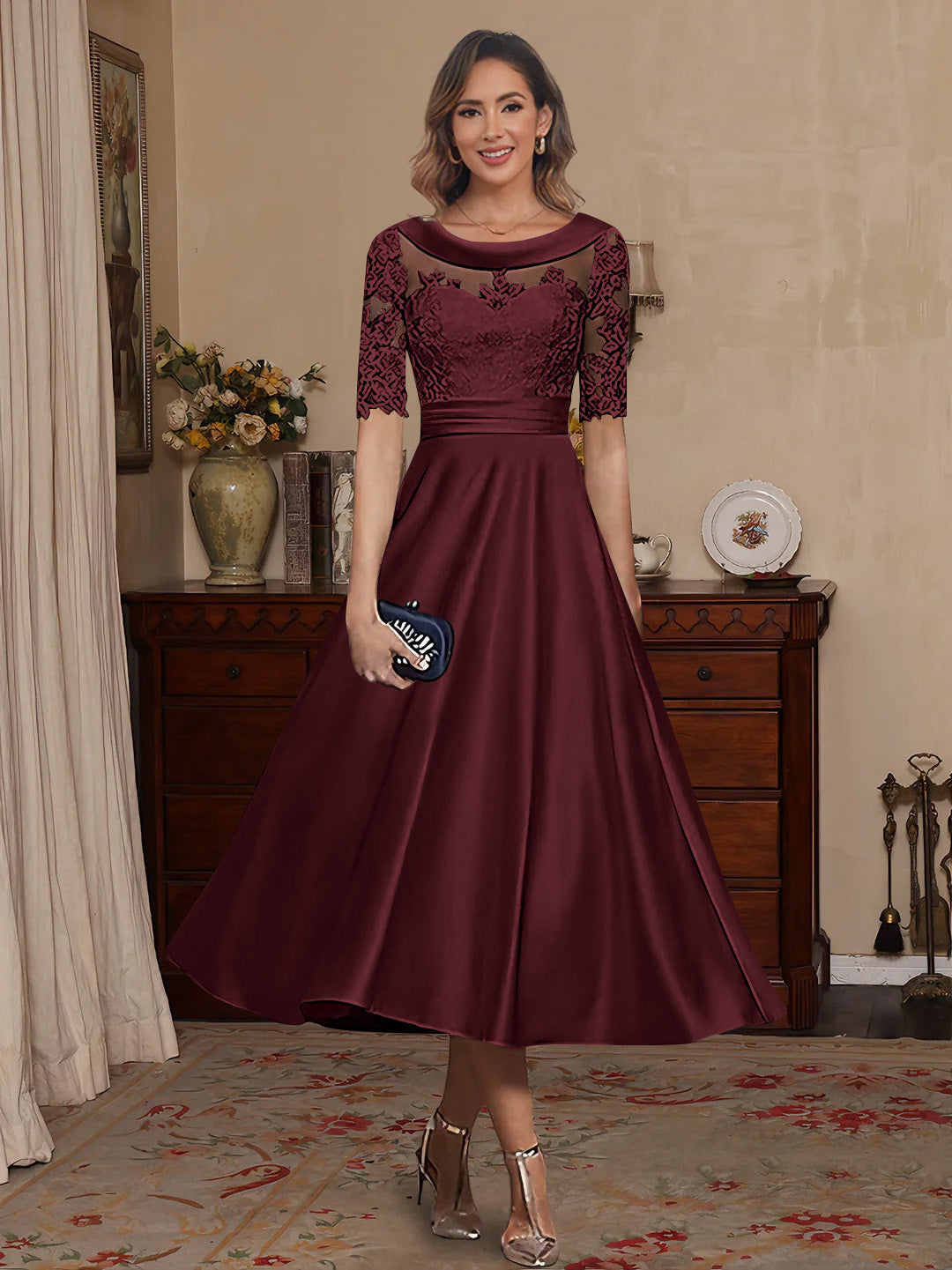 A-Line/Princess Scoop Satin Mother of the Bride Dresses Lace Half Sleeves Tea-Length