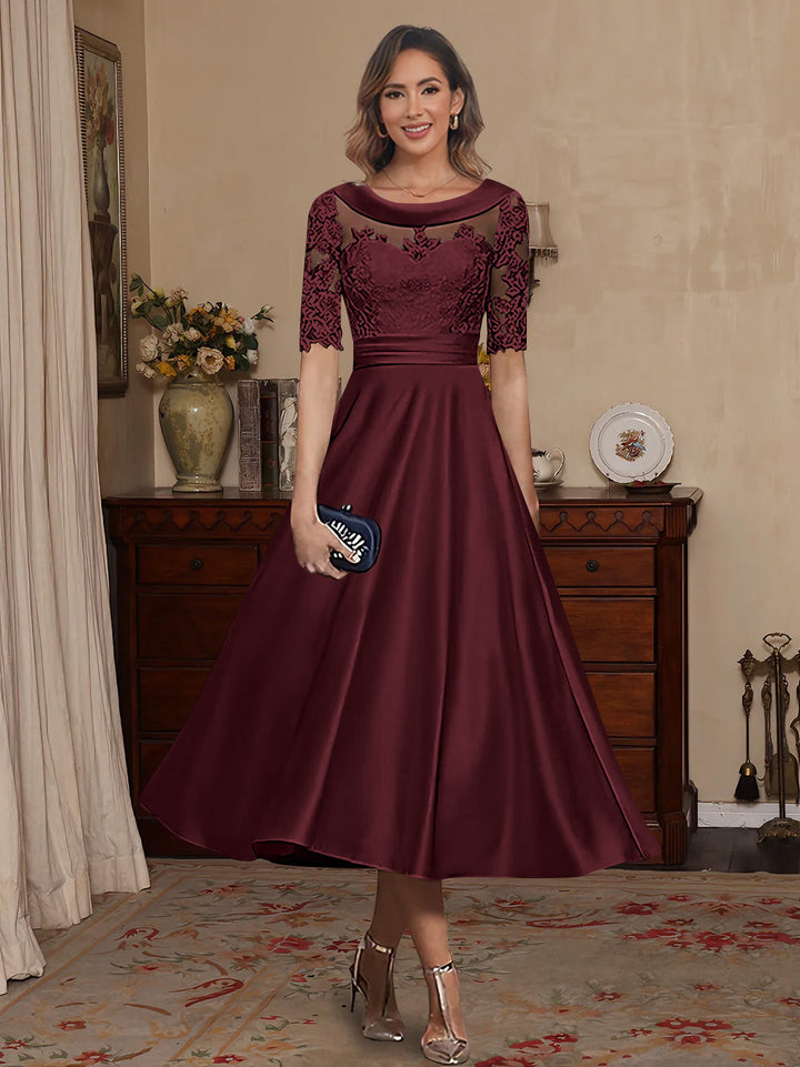 A-Line/Princess Scoop Satin Mother of the Bride Dresses Lace Half Sleeves Tea-Length