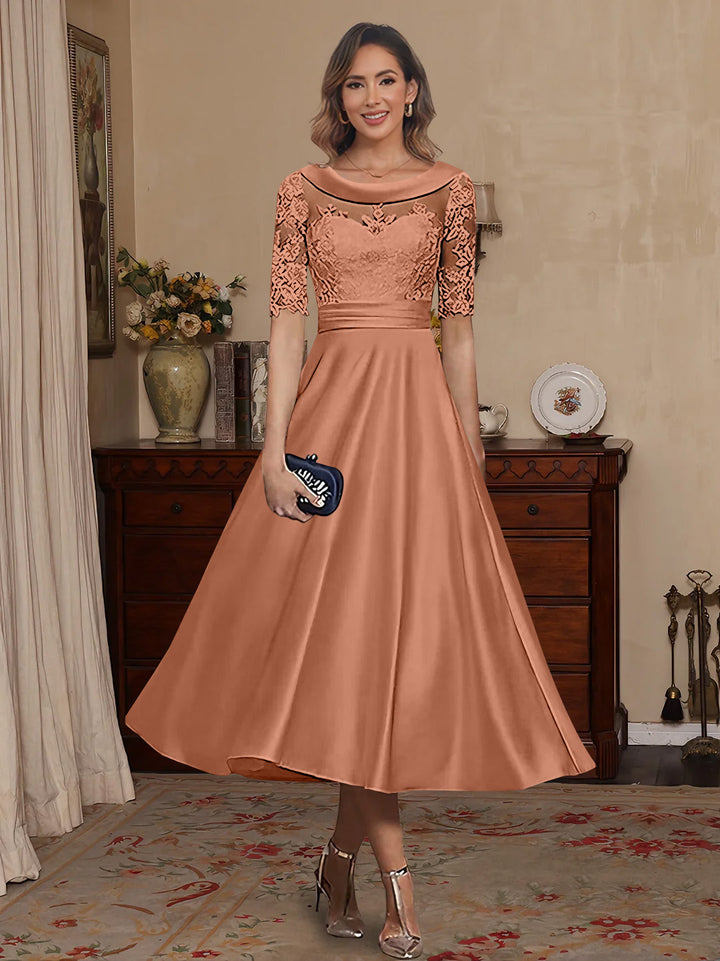 A-Line/Princess Scoop Satin Mother of the Bride Dresses Lace Half Sleeves Tea-Length