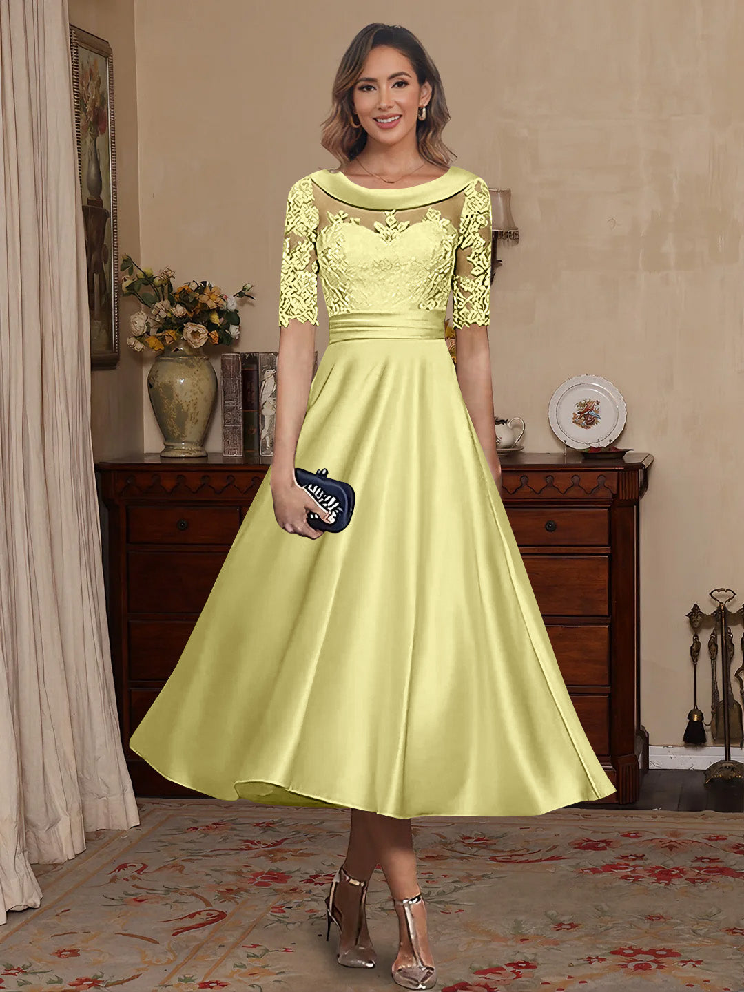 gold mother of the bride dresses tea length Mother of the Bride Dress A-Line Tea Length Satin V-Neck Pleated 2026 Formal Gown COCOMELODY CM0081, Tawny