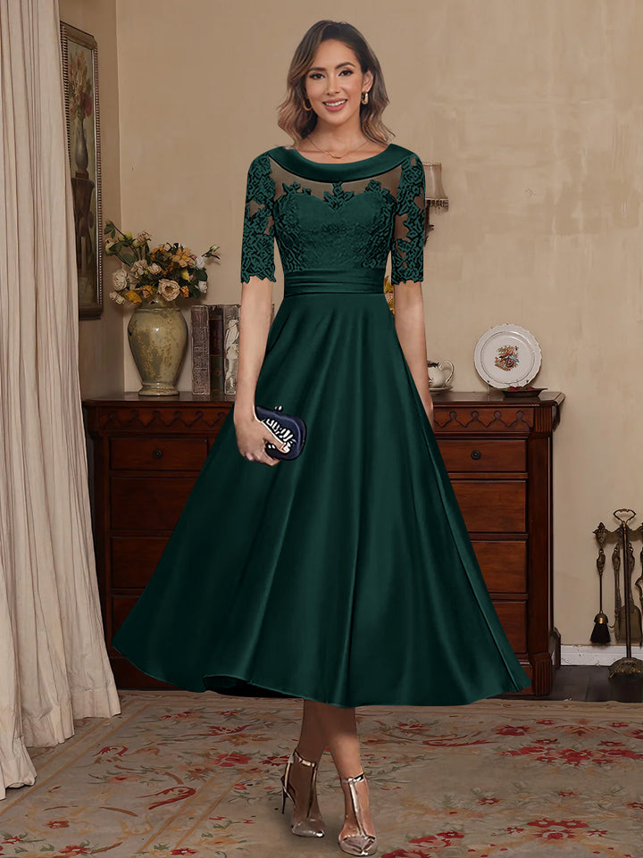 A-Line/Princess Scoop Satin Mother of the Bride Dresses Lace Half Sleeves Tea-Length