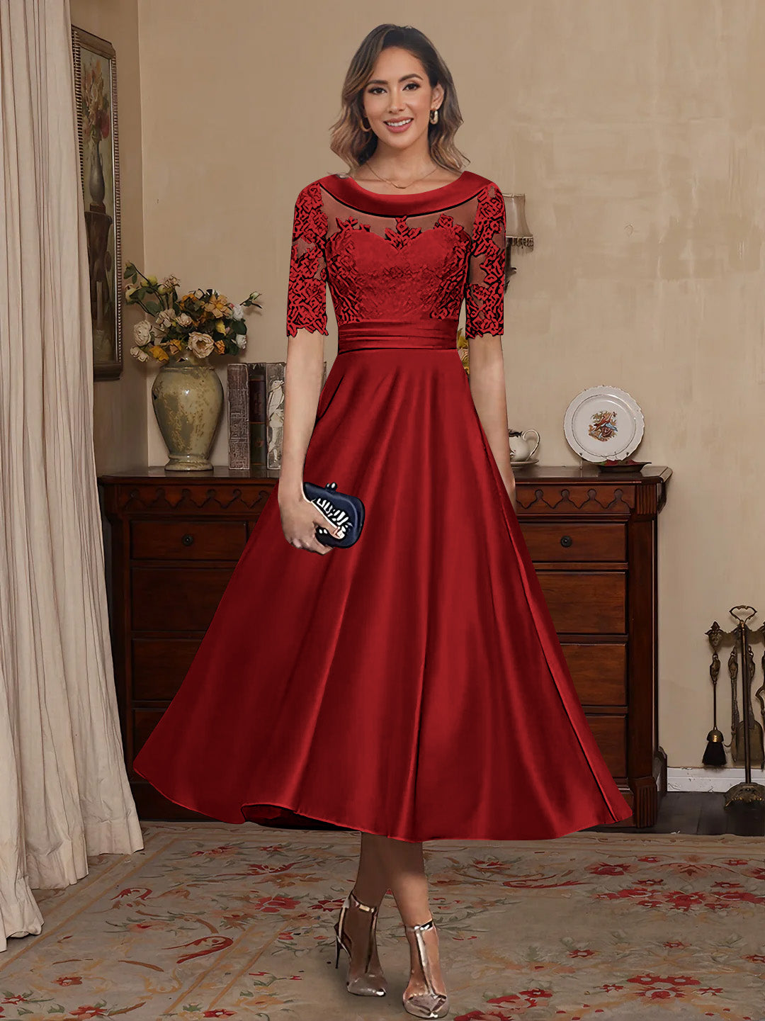 A-Line/Princess Scoop Satin Mother of the Bride Dresses Lace Half Sleeves Tea-Length