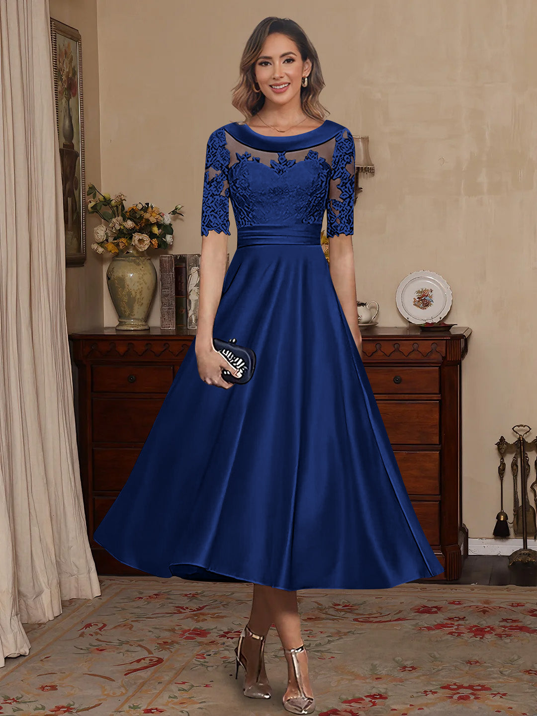 A-Line/Princess Scoop Satin Mother of the Bride Dresses Lace Half Sleeves Tea-Length