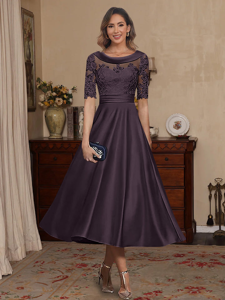 A-Line/Princess Scoop Satin Mother of the Bride Dresses Lace Half Sleeves Tea-Length