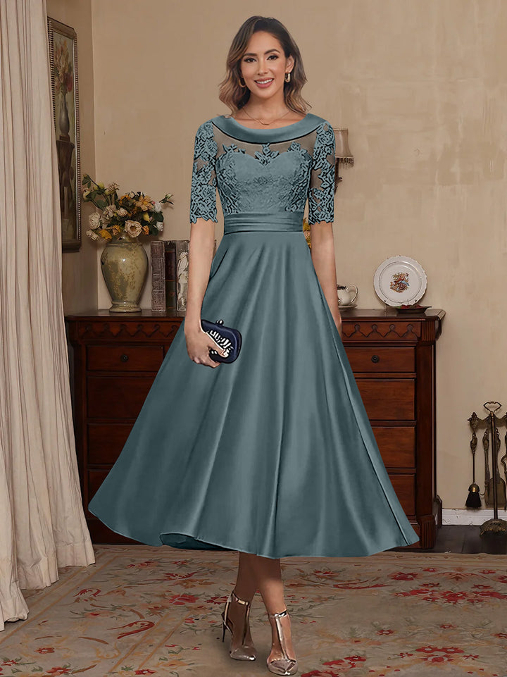 A-Line/Princess Scoop Satin Mother of the Bride Dresses Lace Half Sleeves Tea-Length