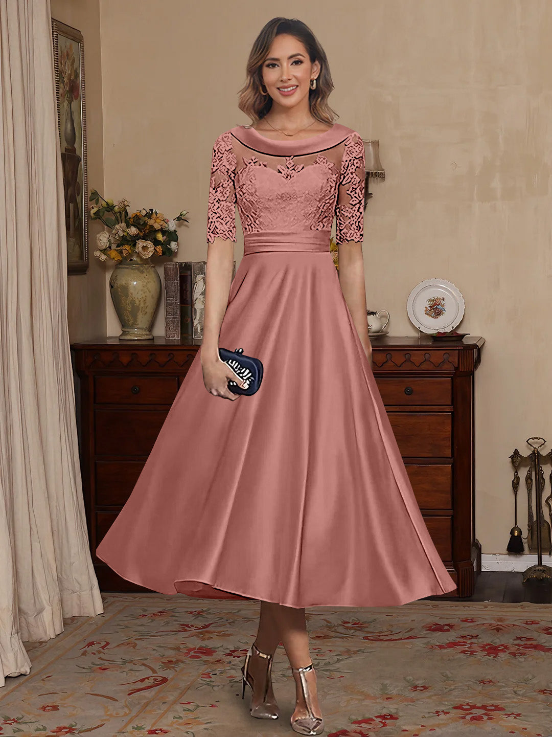 A-Line/Princess Scoop Satin Mother of the Bride Dresses Lace Half Sleeves Tea-Length