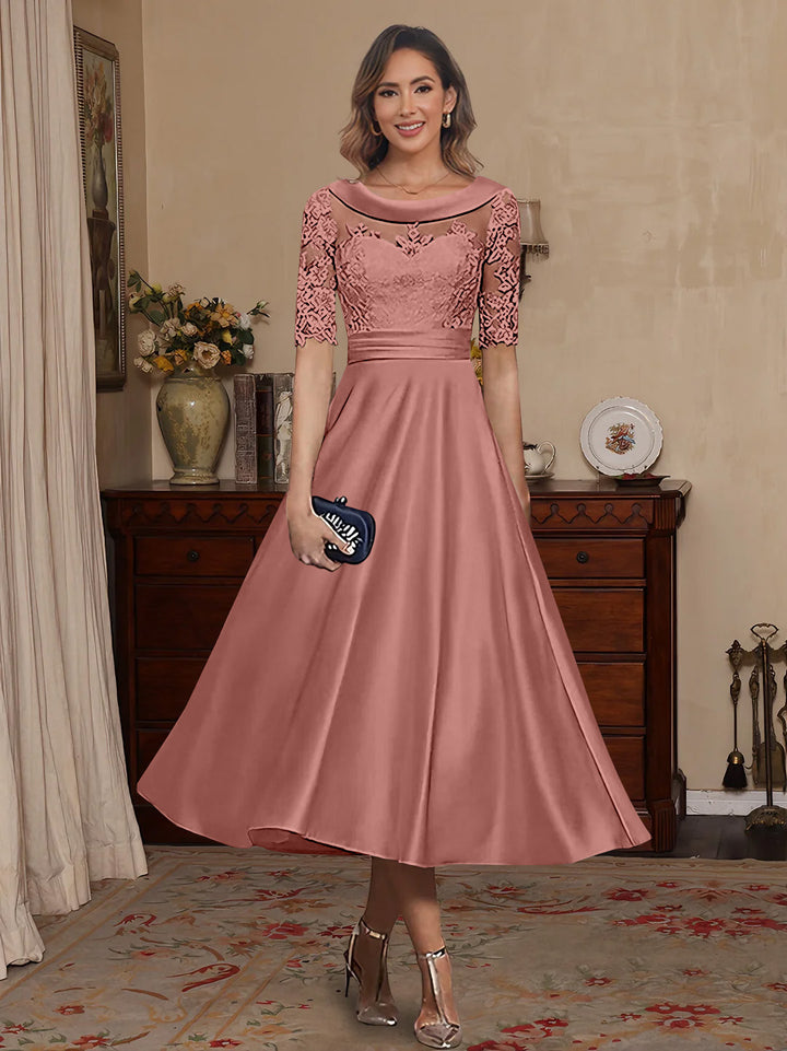 A-Line/Princess Scoop Satin Mother of the Bride Dresses Lace Half Sleeves Tea-Length