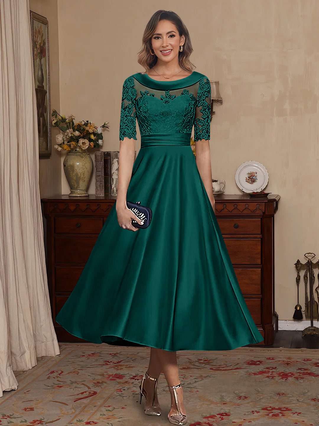 A-Line/Princess Scoop Satin Mother of the Bride Dresses Lace Half Sleeves Tea-Length