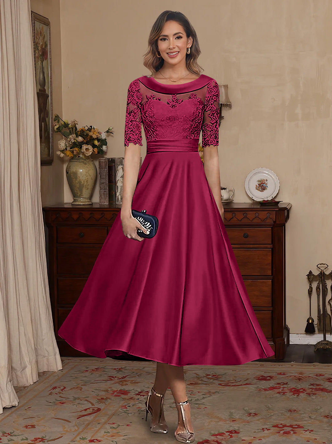 A-Line/Princess Scoop Satin Mother of the Bride Dresses Lace Half Sleeves Tea-Length