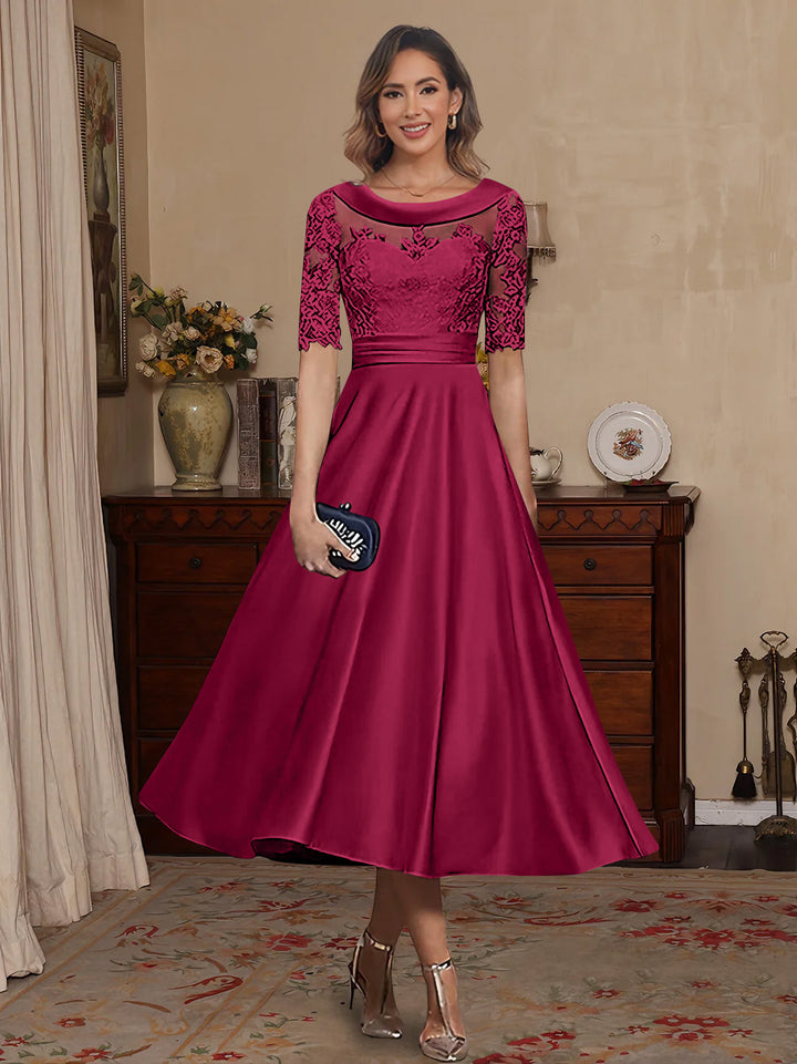 A-Line/Princess Scoop Satin Mother of the Bride Dresses Lace Half Sleeves Tea-Length