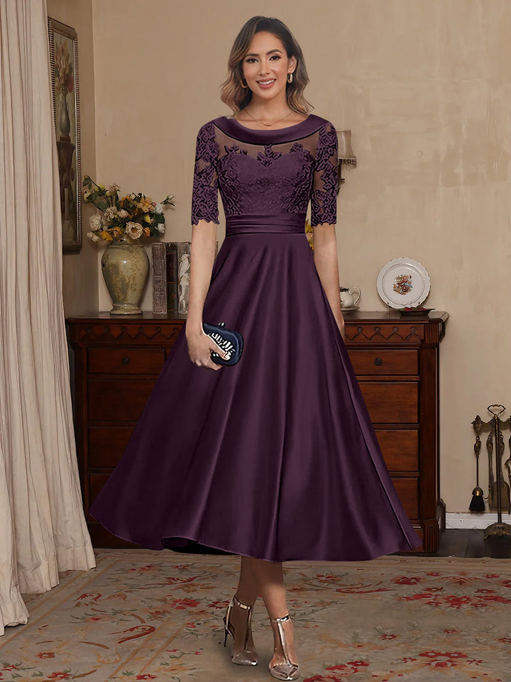 A-Line/Princess Scoop Satin Mother of the Bride Dresses Lace Half Sleeves Tea-Length