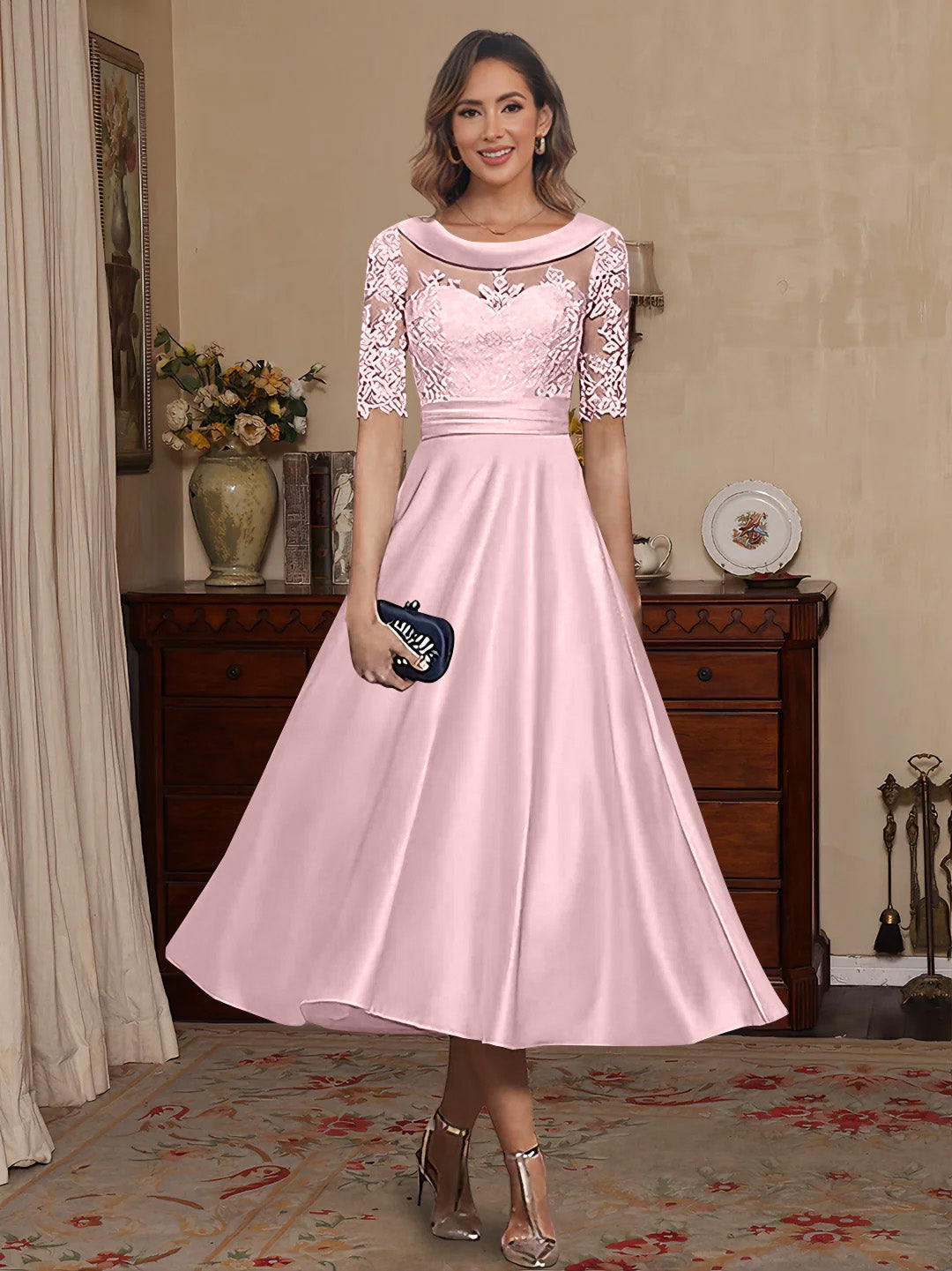 A-Line/Princess Scoop Satin Mother of the Bride Dresses Lace Half Sleeves Tea-Length