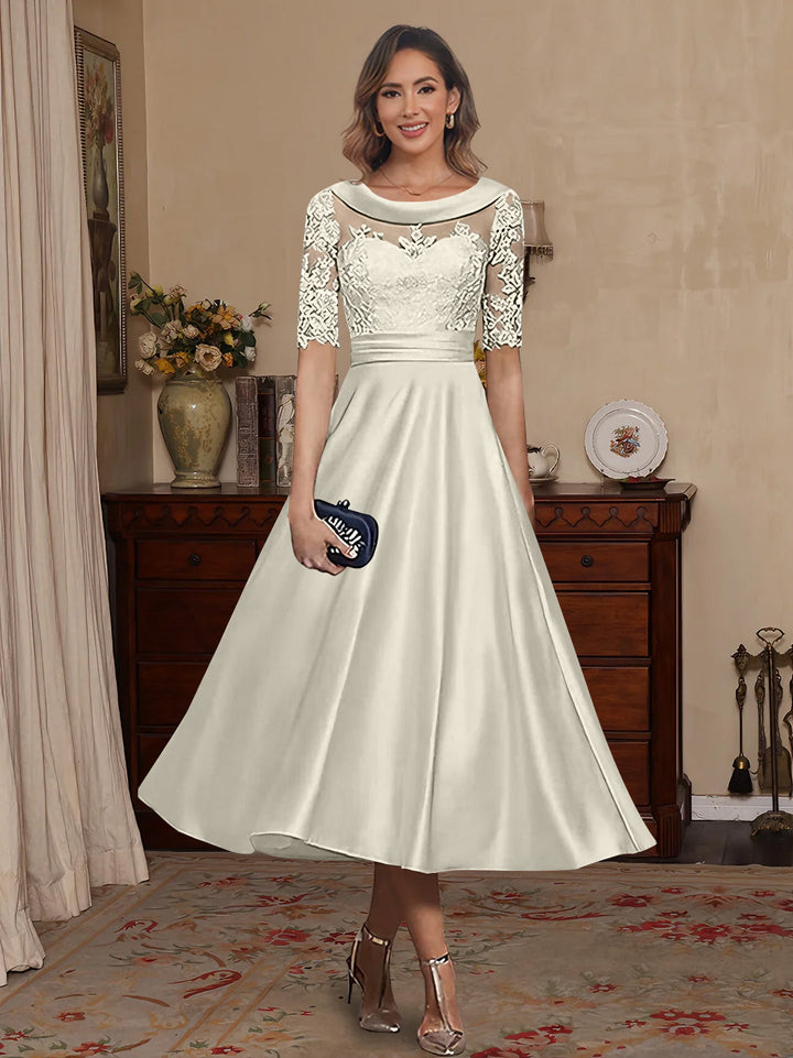 A-Line/Princess Scoop Satin Mother of the Bride Dresses Lace Half Sleeves Tea-Length