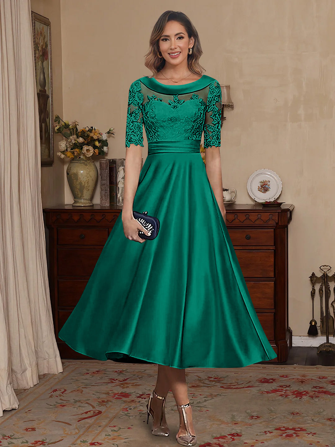 A-Line/Princess Scoop Satin Mother of the Bride Dresses Lace Half Sleeves Tea-Length