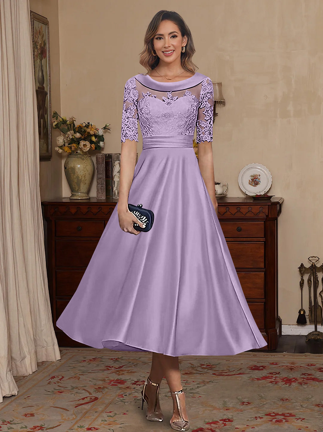A-Line/Princess Scoop Satin Mother of the Bride Dresses Lace Half Sleeves Tea-Length