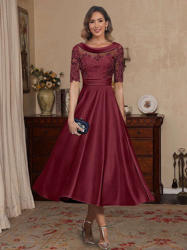 A-Line/Princess Scoop Satin Mother of the Bride Dresses Lace Half Sleeves Tea-Length