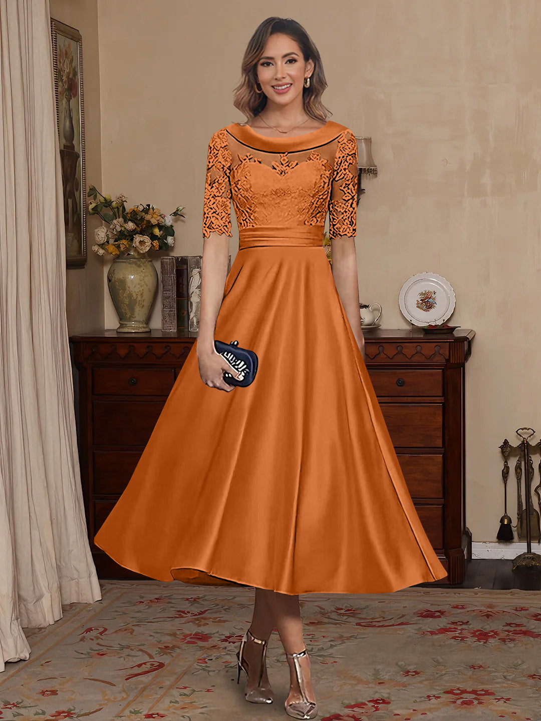 A-Line/Princess Scoop Satin Mother of the Bride Dresses Lace Half Sleeves Tea-Length