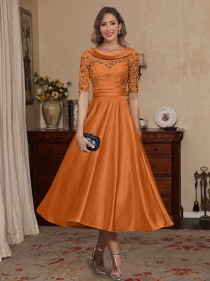 A-Line/Princess Scoop Satin Mother of the Bride Dresses Lace Half Sleeves Tea-Length