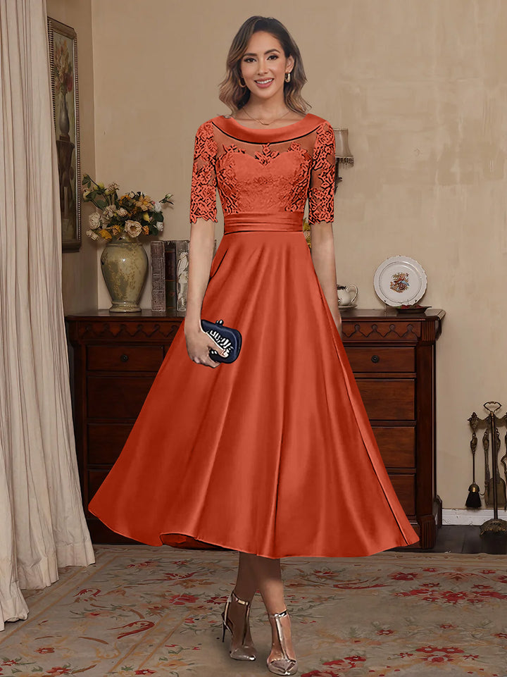A-Line/Princess Scoop Satin Mother of the Bride Dresses Lace Half Sleeves Tea-Length