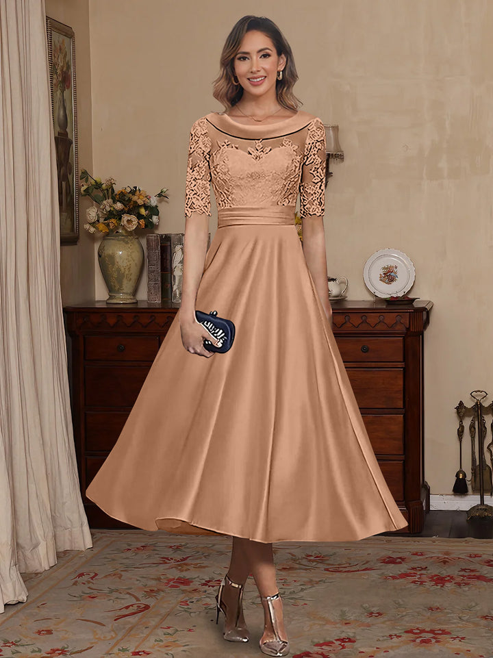 A-Line/Princess Scoop Satin Mother of the Bride Dresses Lace Half Sleeves Tea-Length